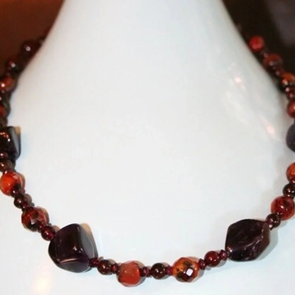 Amethyst necklace agate garnet beads sterling silver clasp